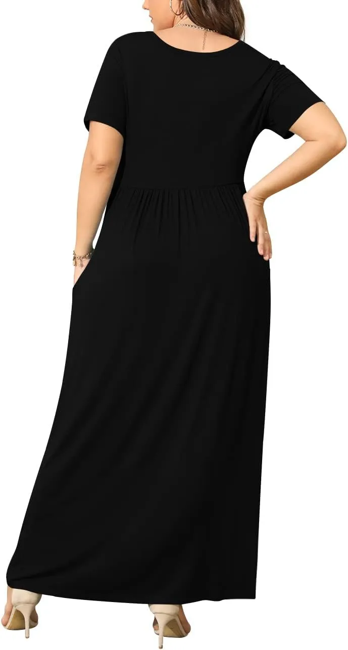BISHUIGE Plus Size Maxi Dresses for Women Summer Casual Short Sleeve Long Dress with Pockets XL-6XL