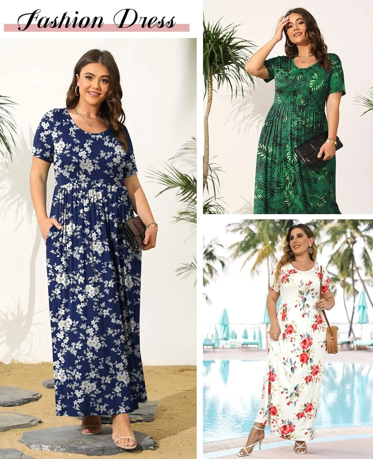 BISHUIGE Plus Size Maxi Dresses for Women Summer Casual Short Sleeve Long Dress with Pockets XL-6XL