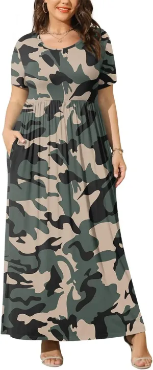 BISHUIGE Plus Size Maxi Dresses for Women Summer Casual Short Sleeve Long Dress with Pockets XL-6XL
