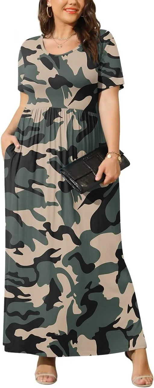 BISHUIGE Plus Size Maxi Dresses for Women Summer Casual Short Sleeve Long Dress with Pockets XL-6XL