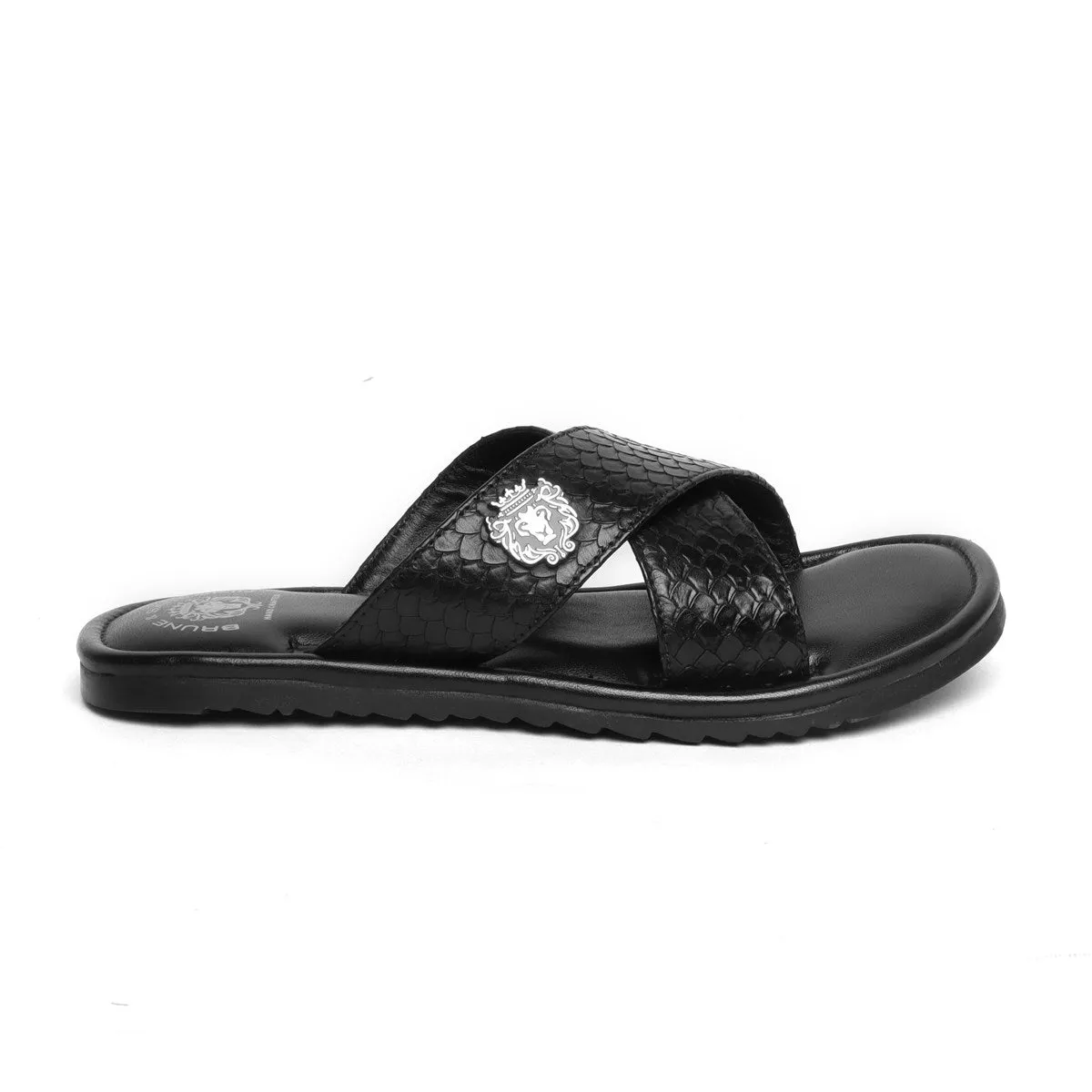 Black Snake Print Leather Cross Straps Comfy Slide-in Slippers By Brune & Bareskin