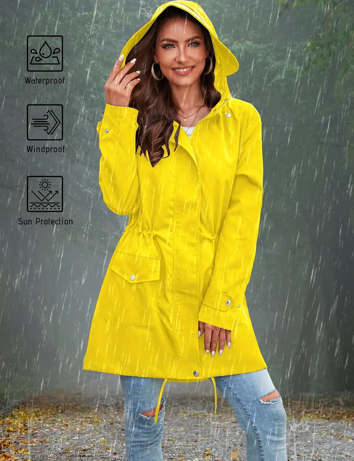 Bloggerlove Rain Jacket for Women Waterproof with Hood Trech Coat for Women Lightweight Raincoats Long Windbreaker