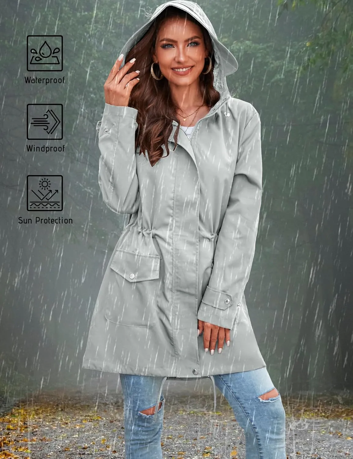 Bloggerlove Rain Jacket for Women Waterproof with Hood Trech Coat for Women Lightweight Raincoats Long Windbreaker