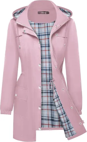 Bloggerlove Rain Jacket Women Lightweight Raincoats Outdoor Waterproof Windbreaker Hooded Plaid Lined Trench Coat S-XXL