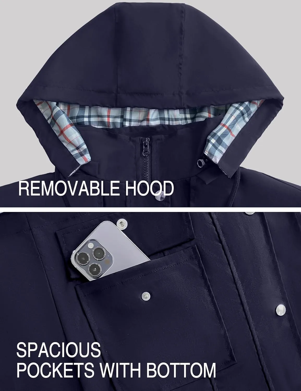 Bloggerlove Rain Jacket Women Lightweight Raincoats Outdoor Waterproof Windbreaker Hooded Plaid Lined Trench Coat S-XXL