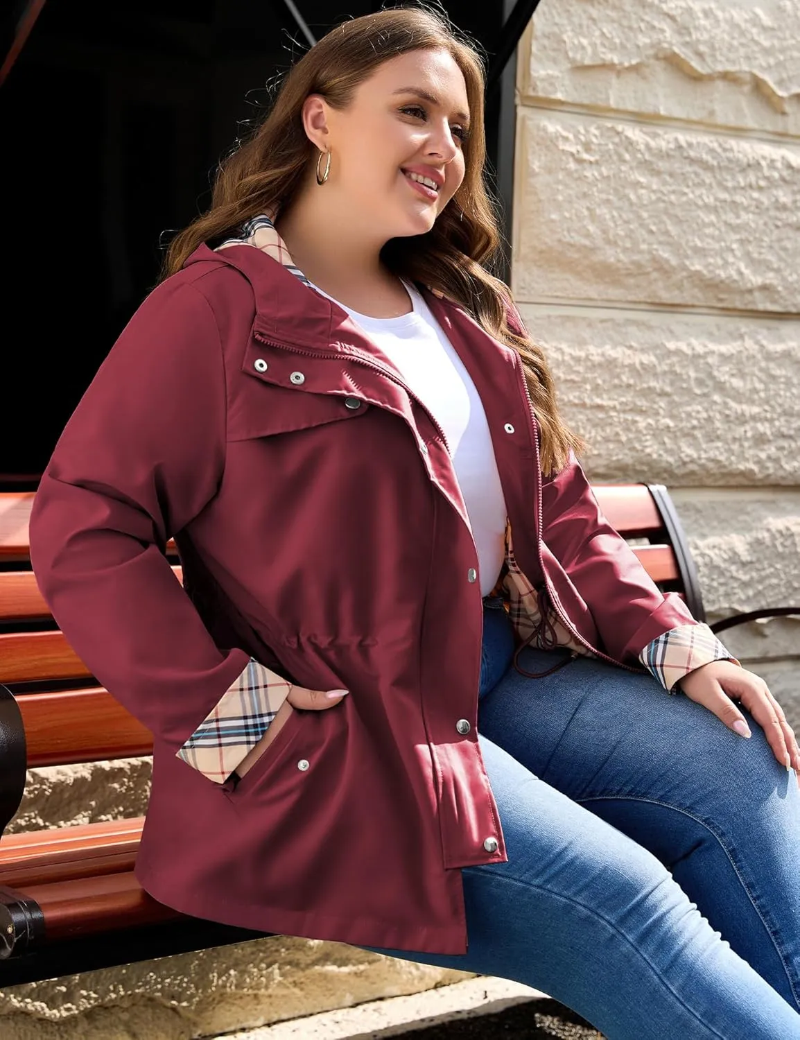 Bloggerlove Rain Jacket Women Plus Size Long Raincoat with Hood Waterproof Outdoor Trench Coat