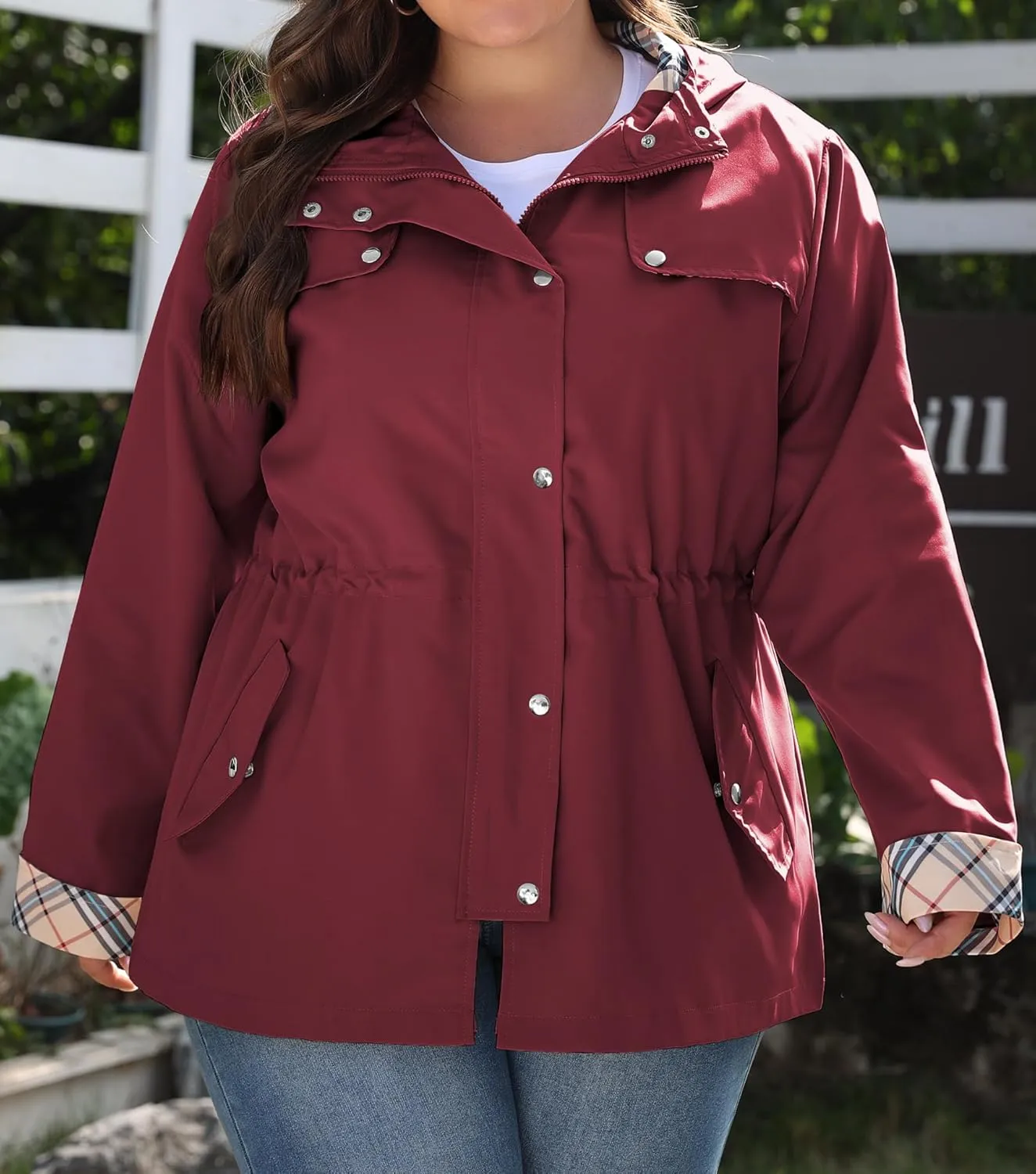 Bloggerlove Rain Jacket Women Plus Size Long Raincoat with Hood Waterproof Outdoor Trench Coat