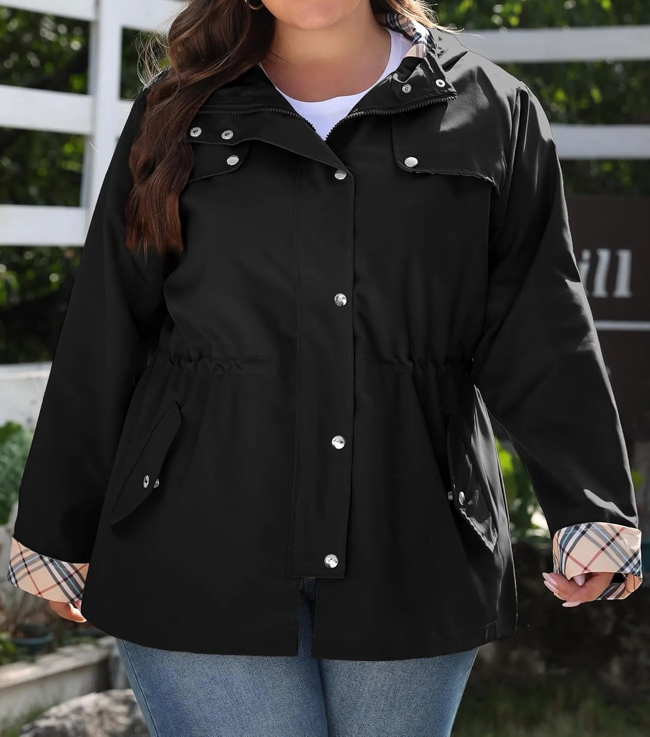 Bloggerlove Rain Jacket Women Plus Size Long Raincoat with Hood Waterproof Outdoor Trench Coat