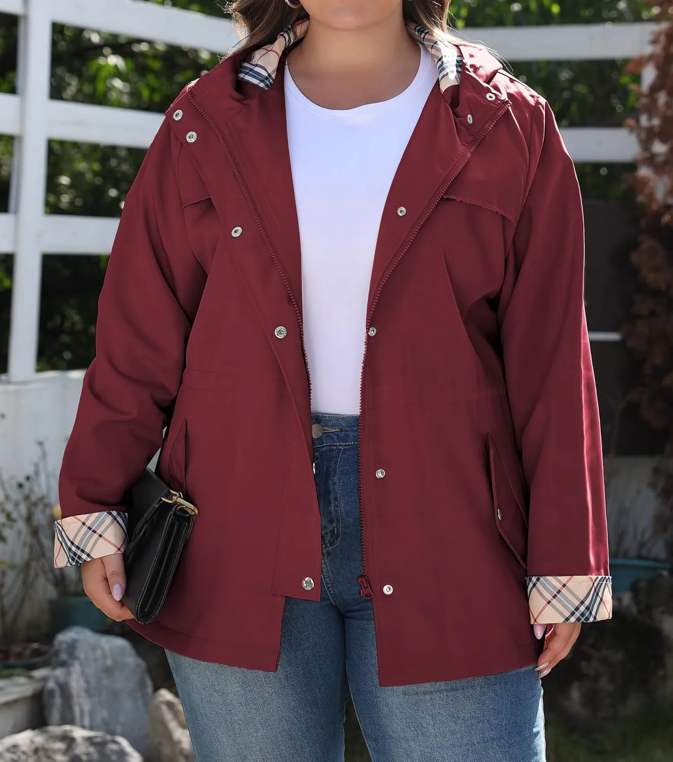 Bloggerlove Rain Jacket Women Plus Size Long Raincoat with Hood Waterproof Outdoor Trench Coat