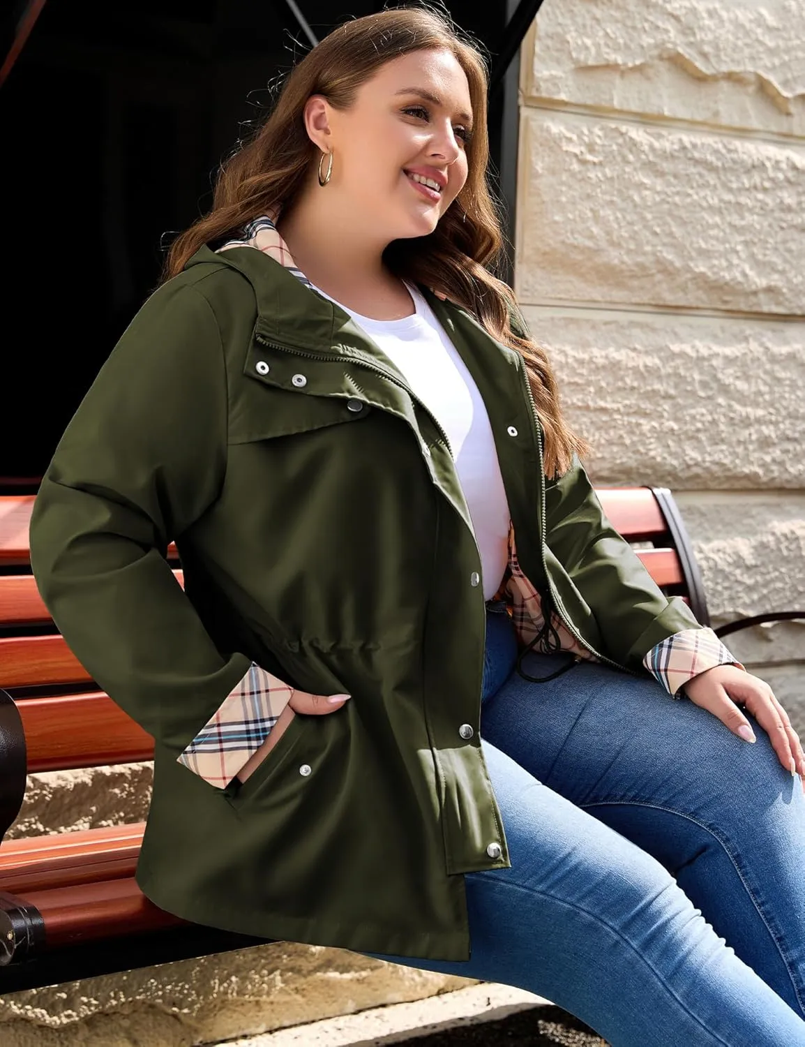 Bloggerlove Rain Jacket Women Plus Size Long Raincoat with Hood Waterproof Outdoor Trench Coat