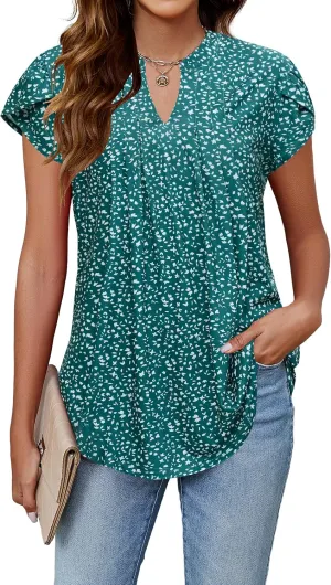 Blooming Jelly Women's Tunic Tops Summer Dressy Casual Blouses Business Outfits Plus Size Cap Sleeve Pleated Shirts