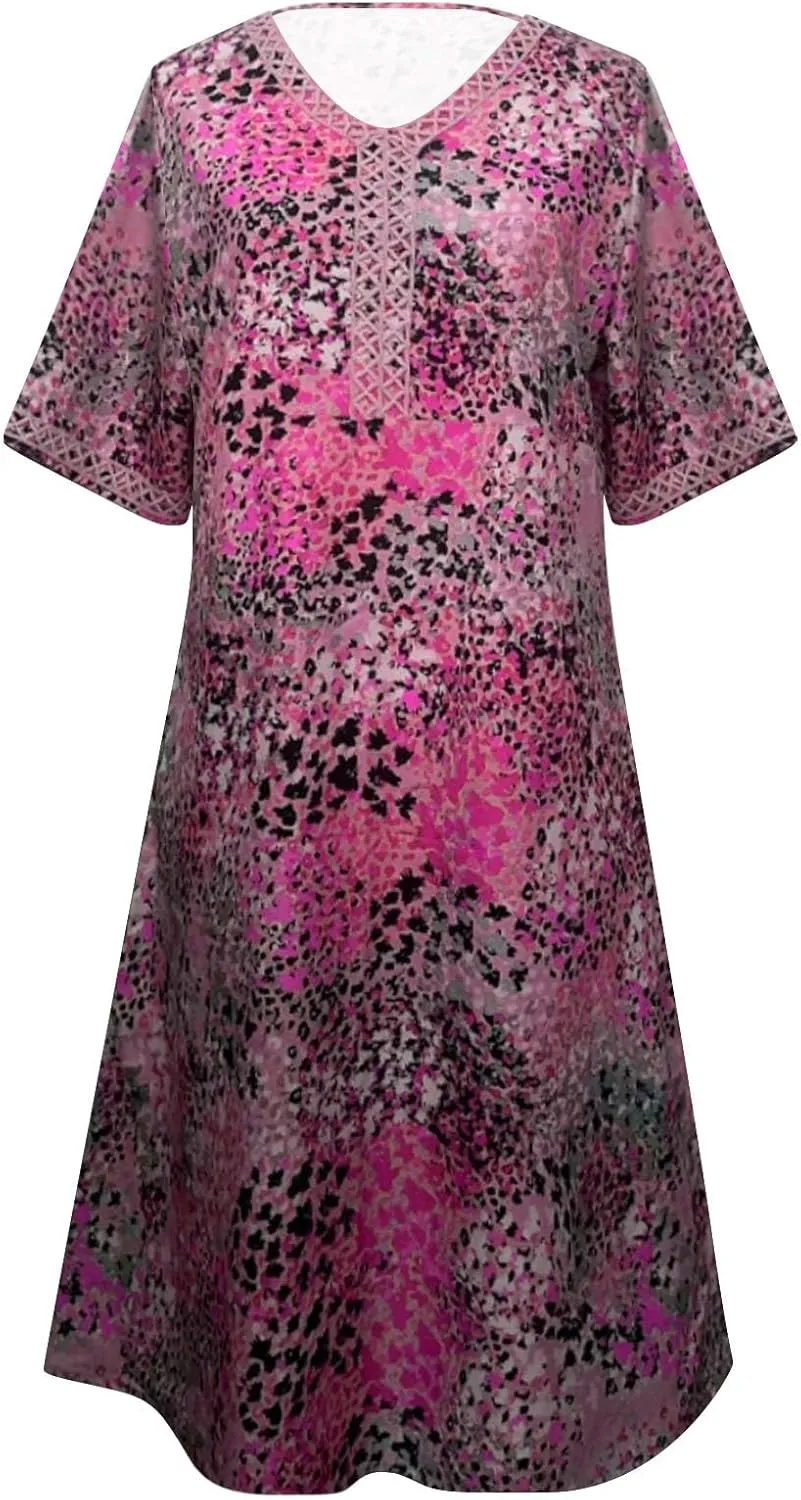 Boho Dress for Womens Plus Size Bohemian Midi Dresses Casual Loose V-Neck Short Sleeve Floral Print Beach Dress