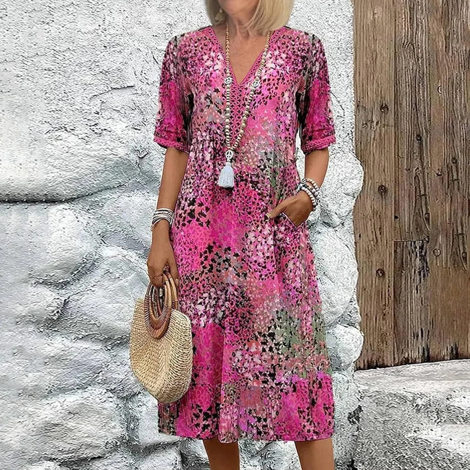 Boho Dress for Womens Plus Size Bohemian Midi Dresses Casual Loose V-Neck Short Sleeve Floral Print Beach Dress