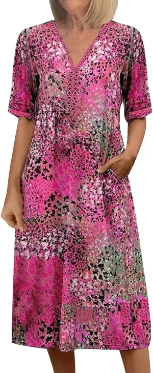 Boho Dress for Womens Plus Size Bohemian Midi Dresses Casual Loose V-Neck Short Sleeve Floral Print Beach Dress
