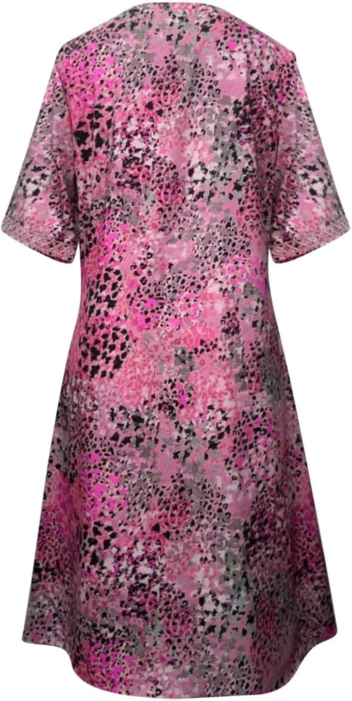 Boho Dress for Womens Plus Size Bohemian Midi Dresses Casual Loose V-Neck Short Sleeve Floral Print Beach Dress