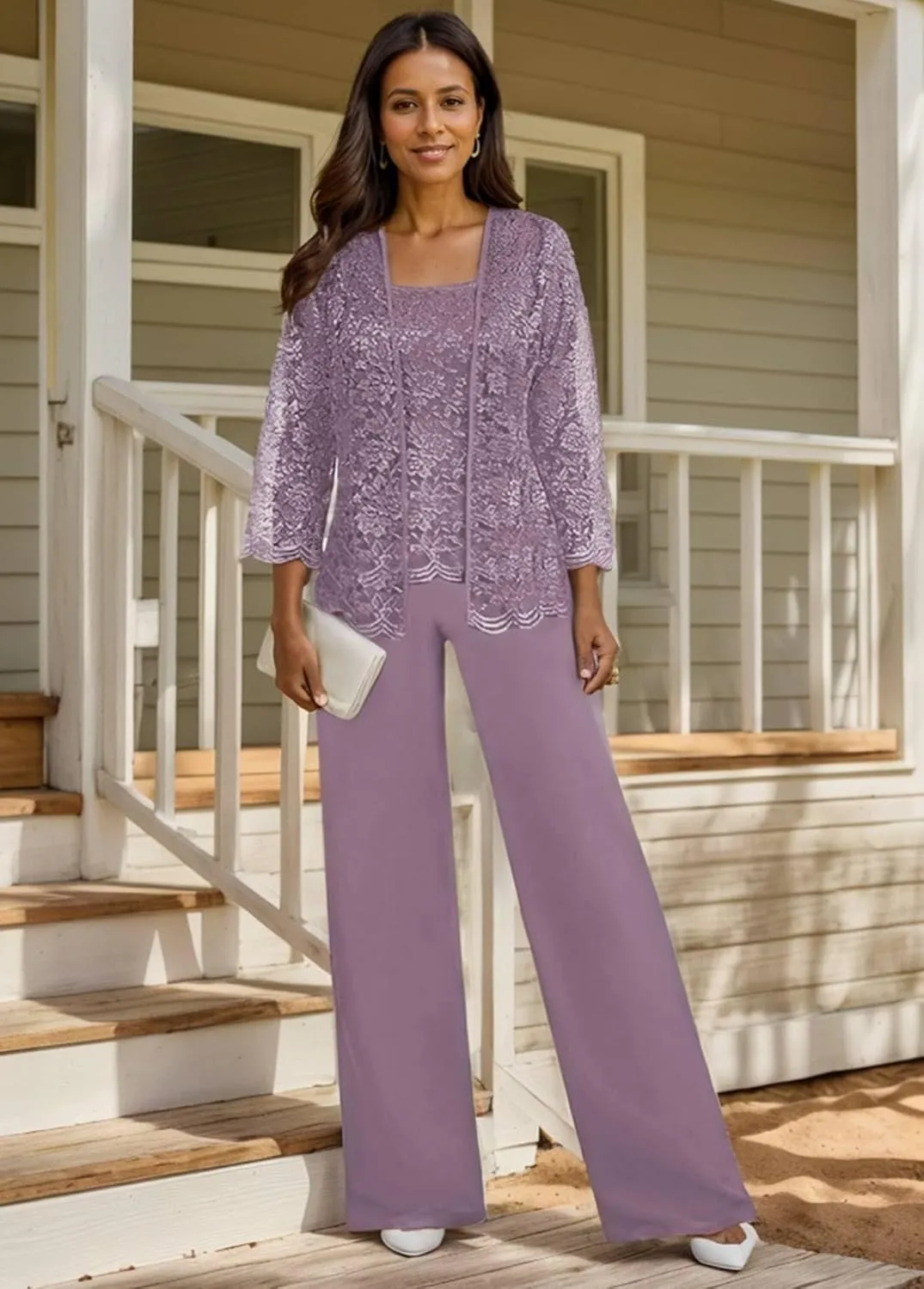 BONOYUER 3 Pieces Pant Suits for Women Dressy Wedding Lace Mother of The Bride Dresses with Jacket