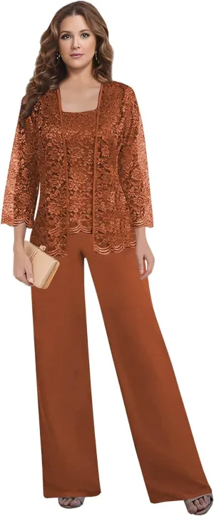 BONOYUER 3 Pieces Pant Suits for Women Dressy Wedding Lace Mother of The Bride Dresses with Jacket