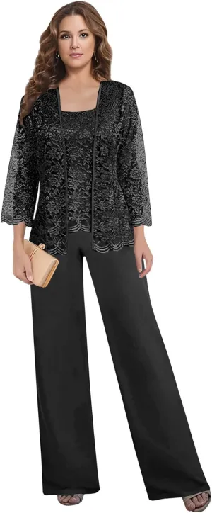 BONOYUER 3 Pieces Pant Suits for Women Dressy Wedding Lace Mother of The Bride Dresses with Jacket