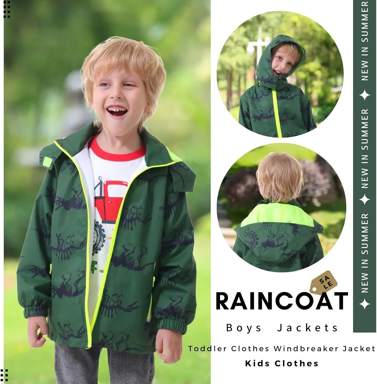 Boys Rain Jacket with Detachable Hood Lightweight Raincoats for Kids