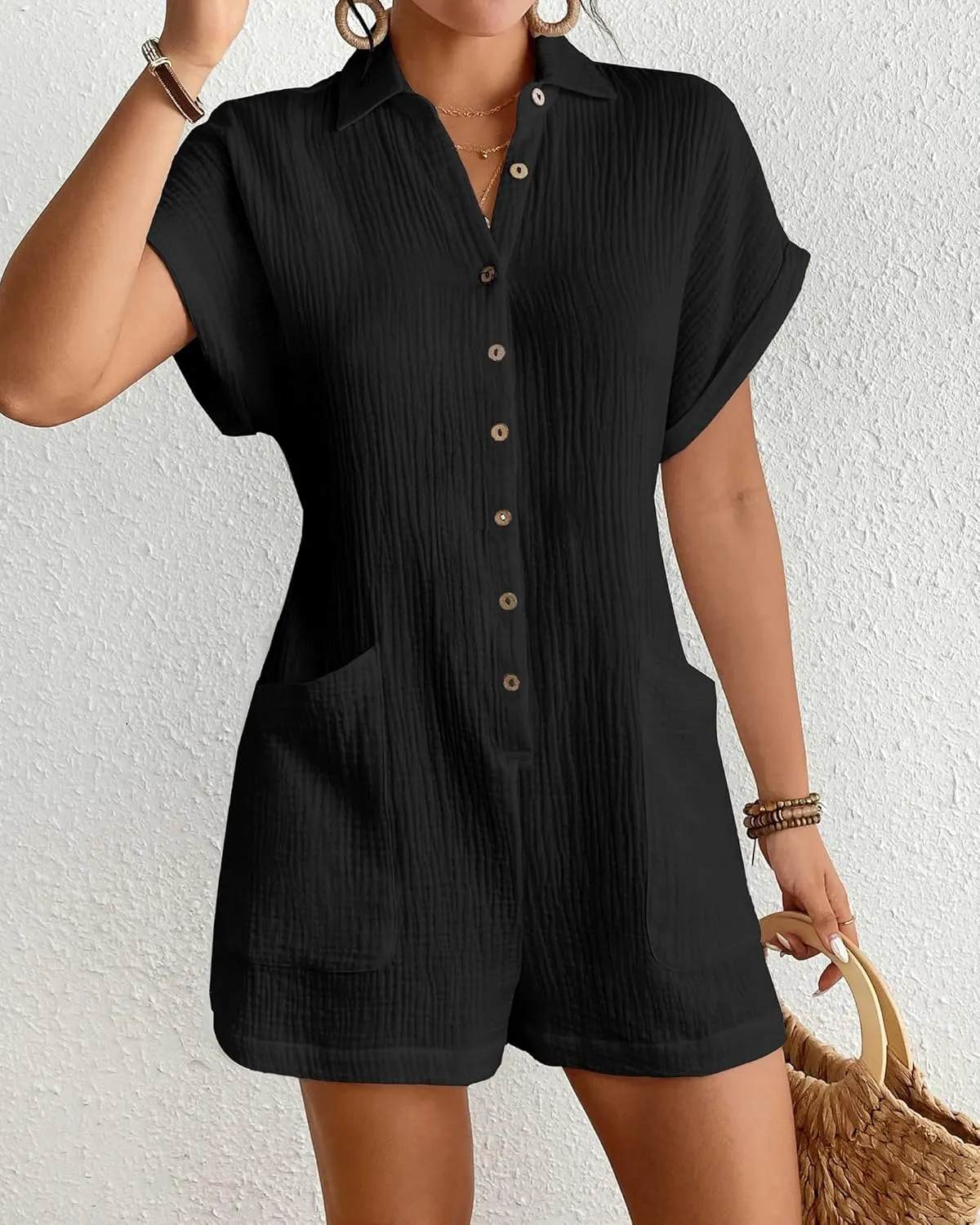 Bsubseach Womens Rompers For Summer 2025 Shorts Jumpsuit Short Sleeve Button Down Romper With Pockets Beach Vacation Outfits