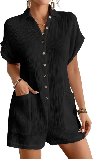 Bsubseach Womens Rompers For Summer 2025 Shorts Jumpsuit Short Sleeve Button Down Romper With Pockets Beach Vacation Outfits