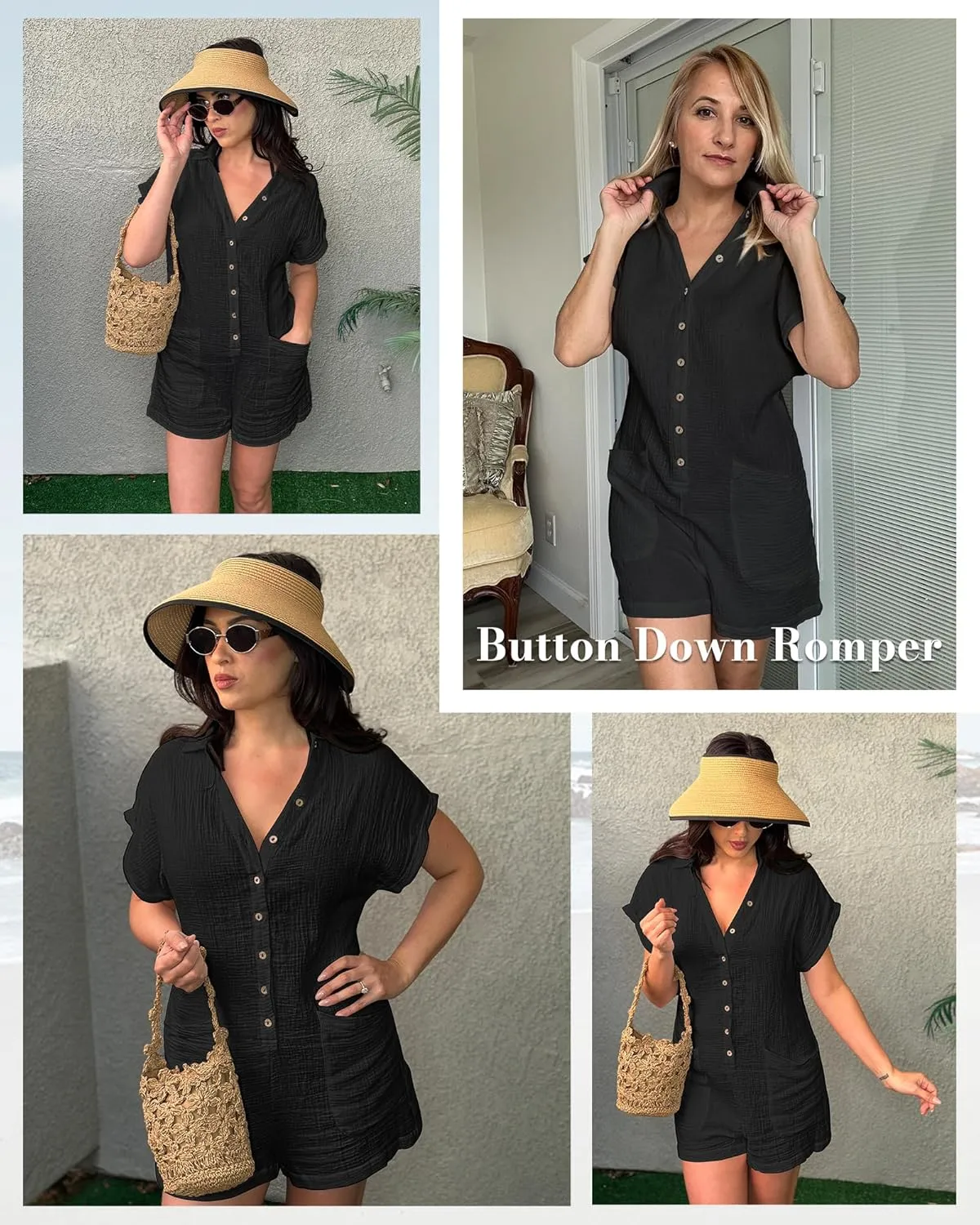 Bsubseach Womens Rompers For Summer 2025 Shorts Jumpsuit Short Sleeve Button Down Romper With Pockets Beach Vacation Outfits