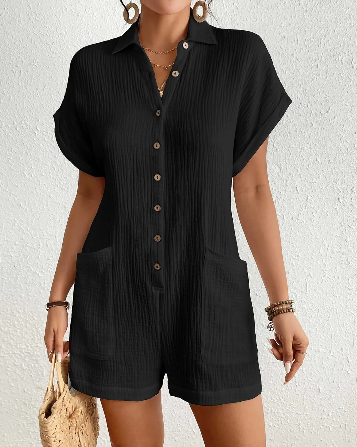 Bsubseach Womens Rompers For Summer 2025 Shorts Jumpsuit Short Sleeve Button Down Romper With Pockets Beach Vacation Outfits