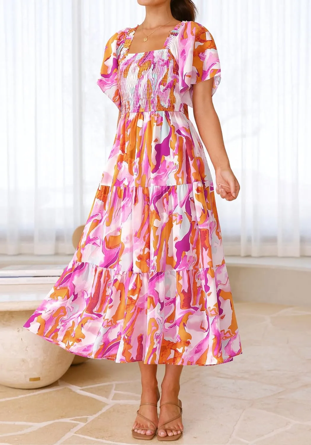 BTFBM Summer Floral Dress for Women 2025 Spring Boho Short Sleeve Square Neck Smocked Flowy Maxi Beach Vacation Dresses