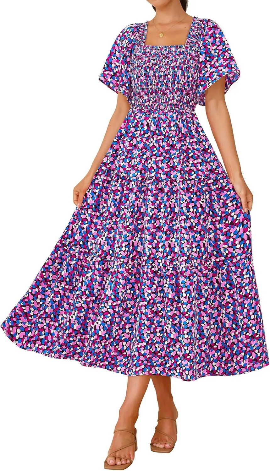 BTFBM Summer Floral Dress for Women 2025 Spring Boho Short Sleeve Square Neck Smocked Flowy Maxi Beach Vacation Dresses