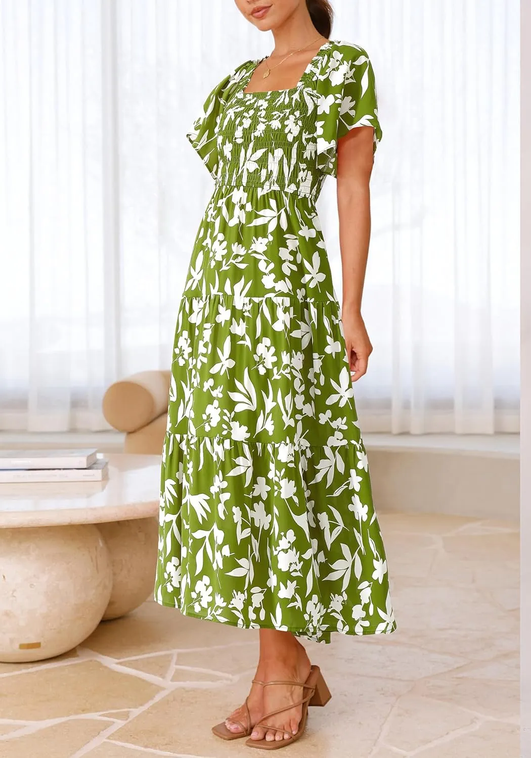 BTFBM Summer Floral Dress for Women 2025 Spring Boho Short Sleeve Square Neck Smocked Flowy Maxi Beach Vacation Dresses