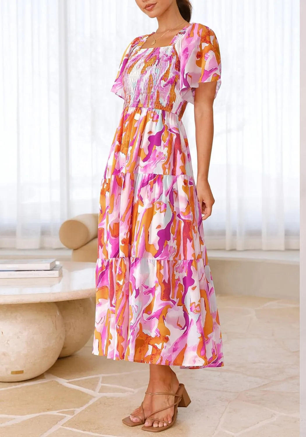 BTFBM Summer Floral Dress for Women 2025 Spring Boho Short Sleeve Square Neck Smocked Flowy Maxi Beach Vacation Dresses