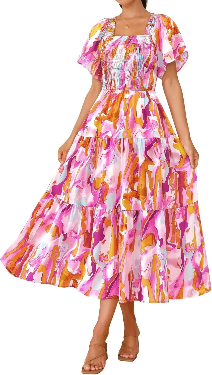 BTFBM Summer Floral Dress for Women 2025 Spring Boho Short Sleeve Square Neck Smocked Flowy Maxi Beach Vacation Dresses