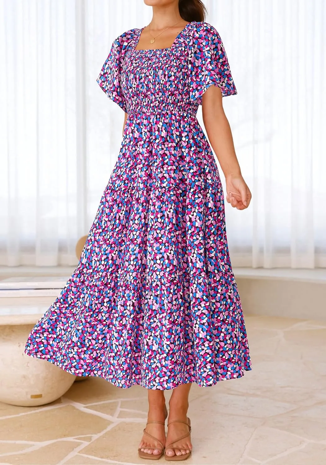 BTFBM Summer Floral Dress for Women 2025 Spring Boho Short Sleeve Square Neck Smocked Flowy Maxi Beach Vacation Dresses