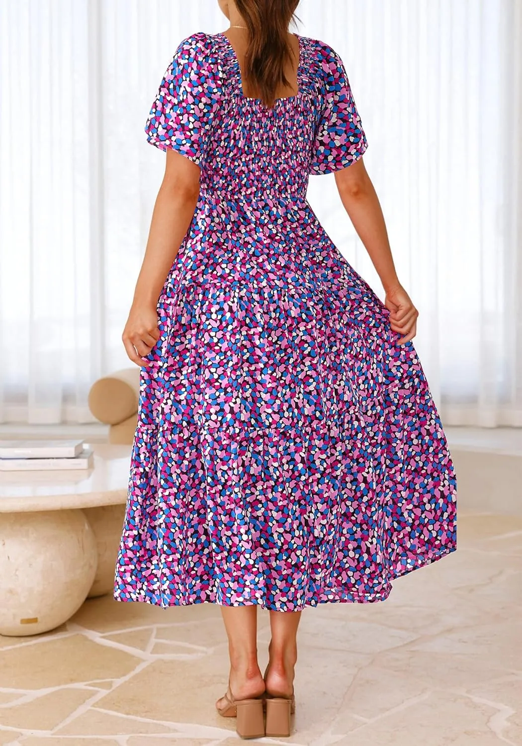 BTFBM Summer Floral Dress for Women 2025 Spring Boho Short Sleeve Square Neck Smocked Flowy Maxi Beach Vacation Dresses