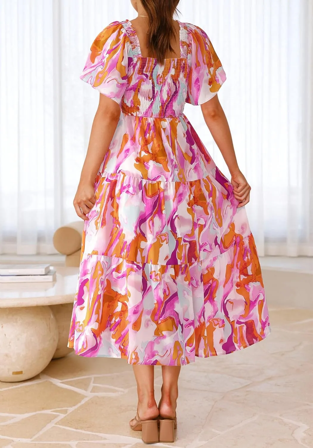 BTFBM Summer Floral Dress for Women 2025 Spring Boho Short Sleeve Square Neck Smocked Flowy Maxi Beach Vacation Dresses