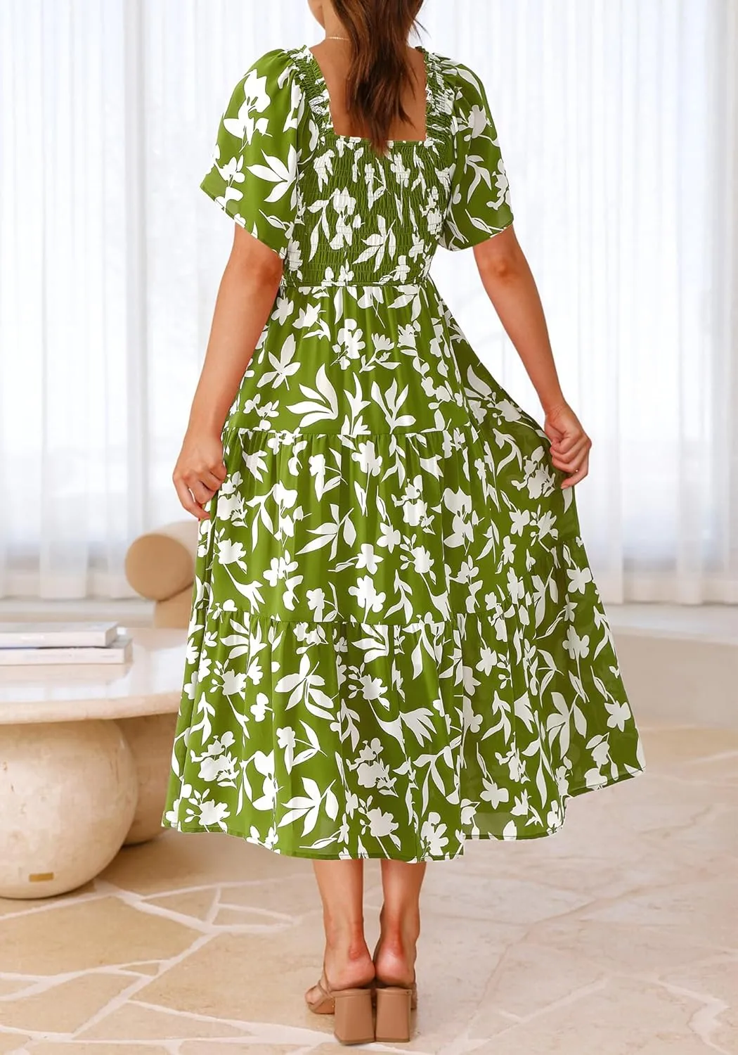 BTFBM Summer Floral Dress for Women 2025 Spring Boho Short Sleeve Square Neck Smocked Flowy Maxi Beach Vacation Dresses