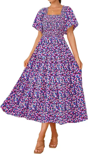 BTFBM Summer Floral Dress for Women 2025 Spring Boho Short Sleeve Square Neck Smocked Flowy Maxi Beach Vacation Dresses