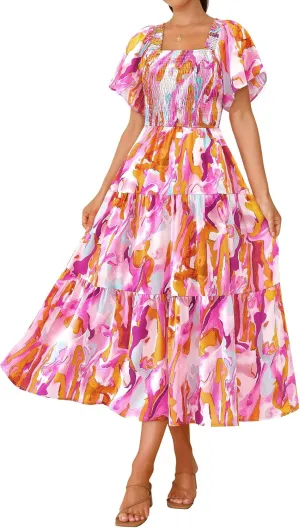 BTFBM Summer Floral Dress for Women 2025 Spring Boho Short Sleeve Square Neck Smocked Flowy Maxi Beach Vacation Dresses