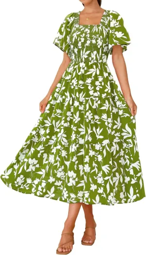 BTFBM Summer Floral Dress for Women 2025 Spring Boho Short Sleeve Square Neck Smocked Flowy Maxi Beach Vacation Dresses