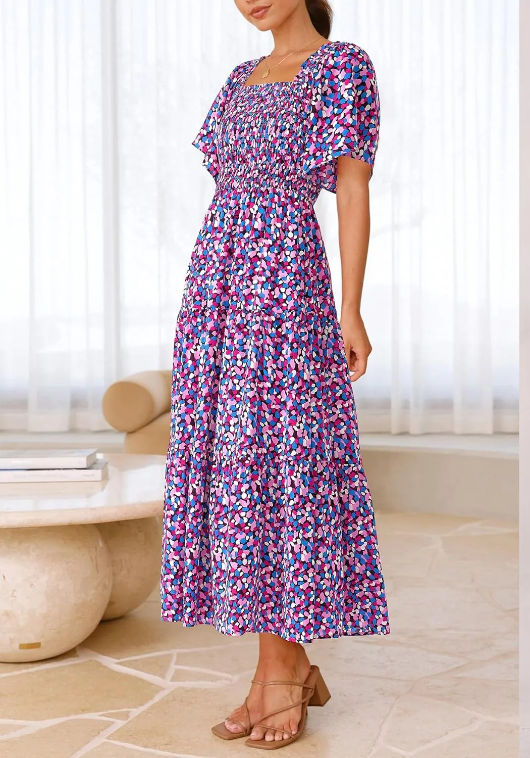 BTFBM Summer Floral Dress for Women 2025 Spring Boho Short Sleeve Square Neck Smocked Flowy Maxi Beach Vacation Dresses