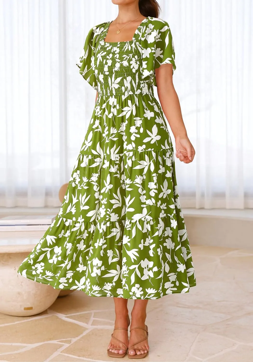 BTFBM Summer Floral Dress for Women 2025 Spring Boho Short Sleeve Square Neck Smocked Flowy Maxi Beach Vacation Dresses