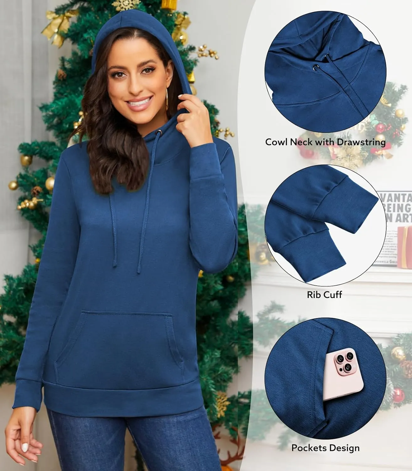 Bulotus Cowl Neck Lightweight Sweatshirts Womens Hoodies Pullover Long Sleeve