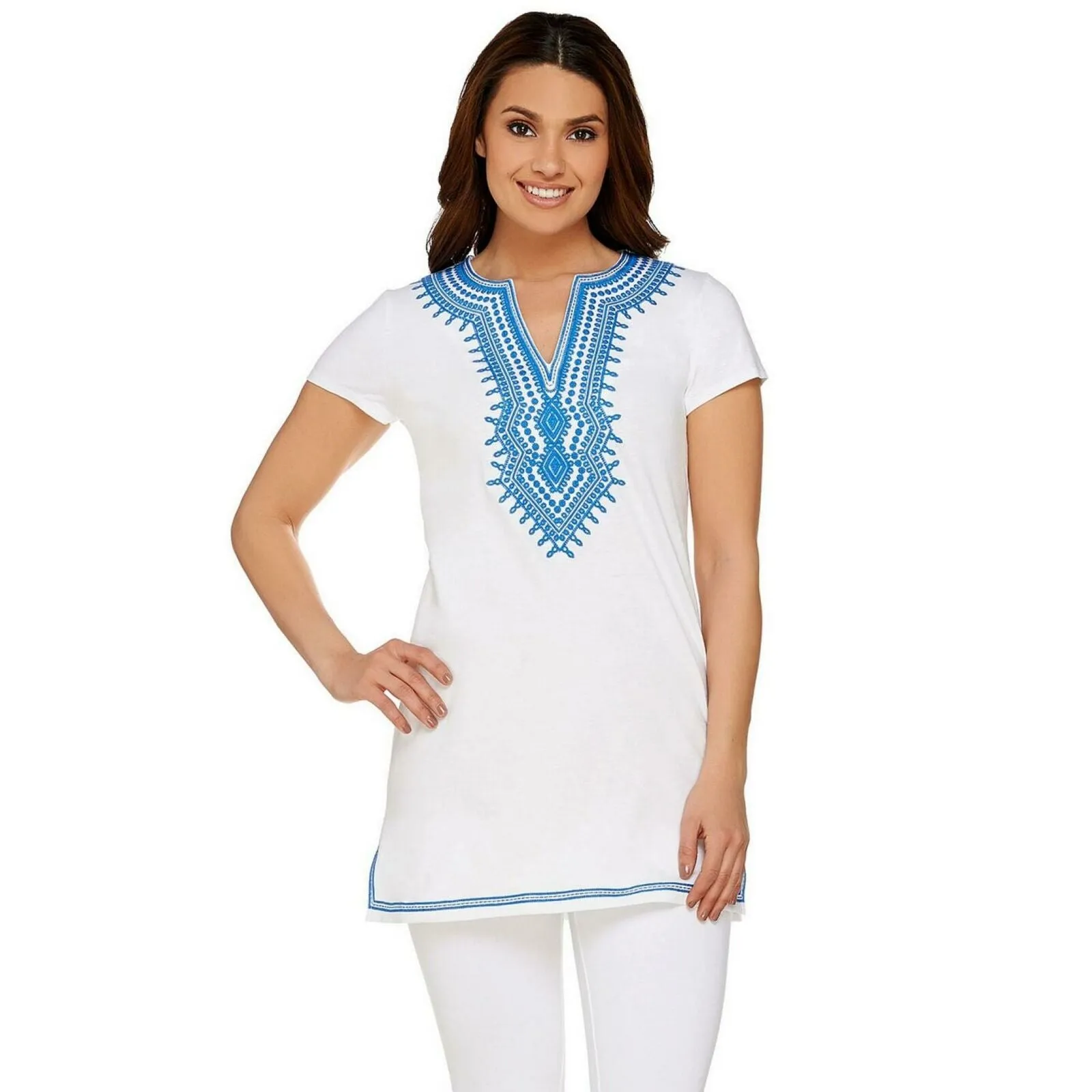 C. Wonder Embroidered Split V-neck Short Sleeve Tunic Top White Small