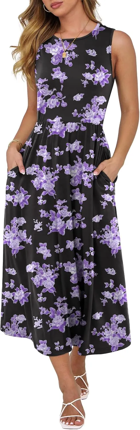 Caracilia Womens Summer Sleeveless Midi Dress Casual Floral Printed A-Line Tank Beach Sundress with Pockets