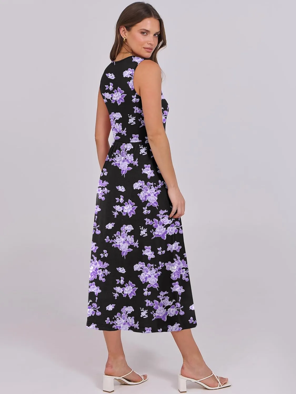 Caracilia Womens Summer Sleeveless Midi Dress Casual Floral Printed A-Line Tank Beach Sundress with Pockets