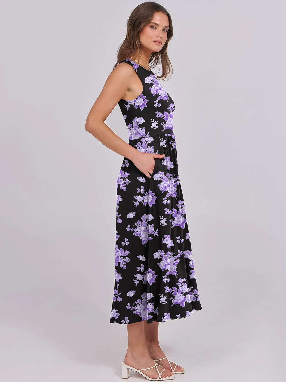 Caracilia Womens Summer Sleeveless Midi Dress Casual Floral Printed A-Line Tank Beach Sundress with Pockets