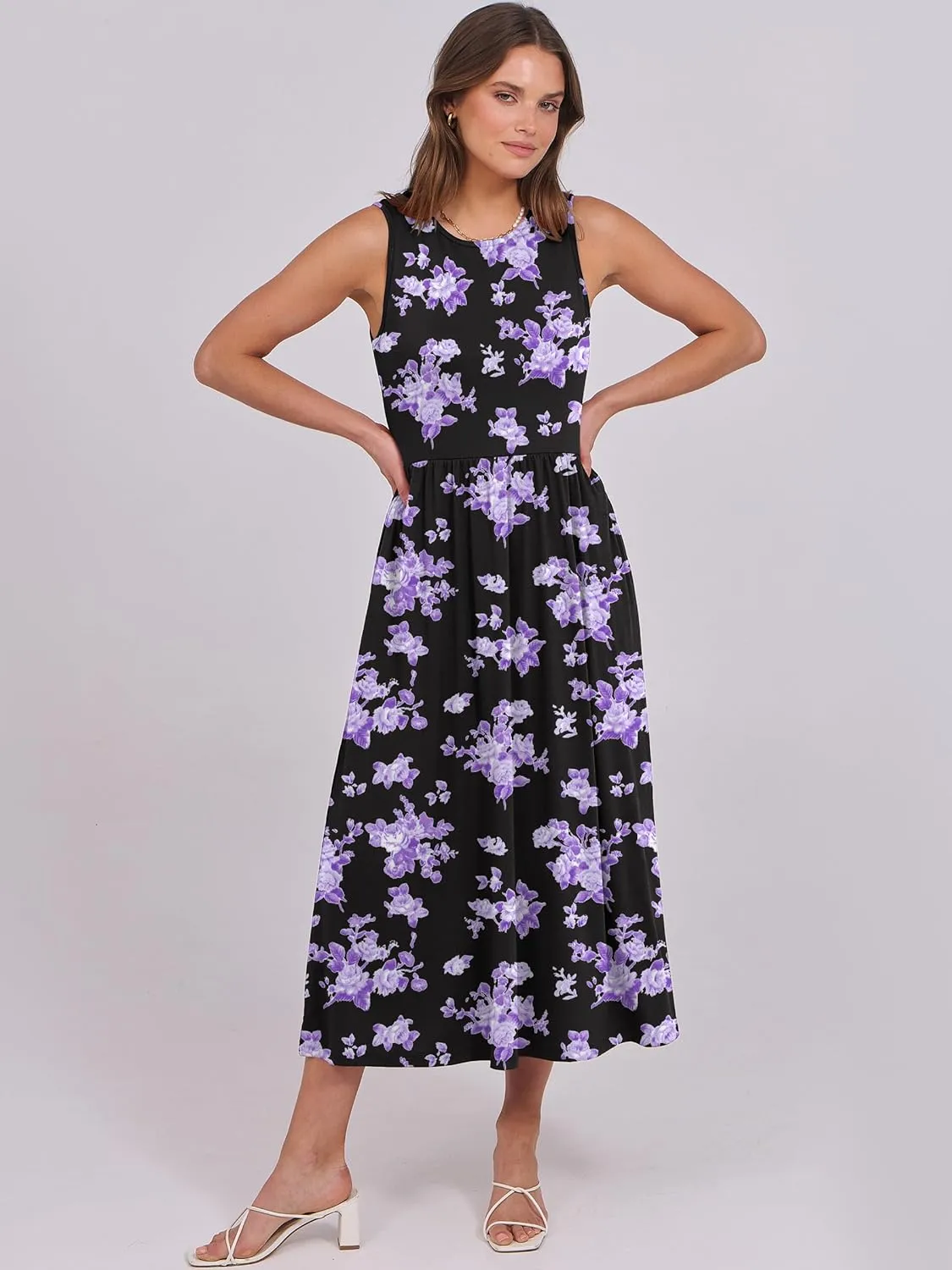 Caracilia Womens Summer Sleeveless Midi Dress Casual Floral Printed A-Line Tank Beach Sundress with Pockets