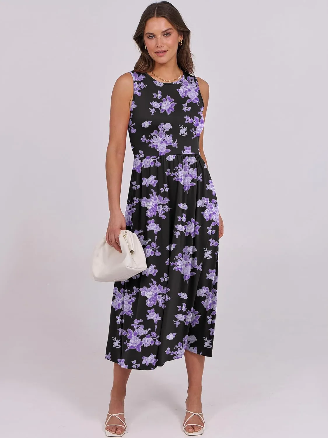 Caracilia Womens Summer Sleeveless Midi Dress Casual Floral Printed A-Line Tank Beach Sundress with Pockets