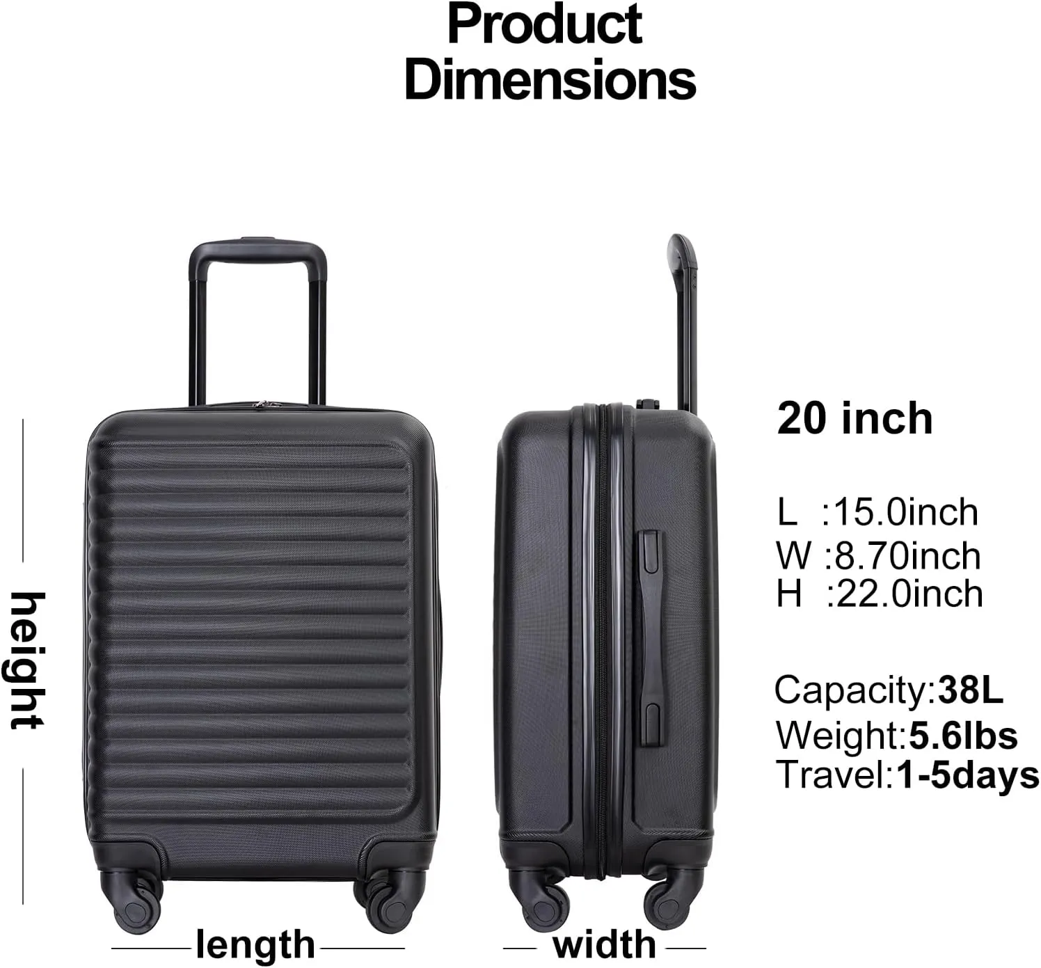 Carry On Luggage,Suitcases with Wheels Hardshell,ABS Lightweight Carry On Suitcase, 20-Inch (Black)