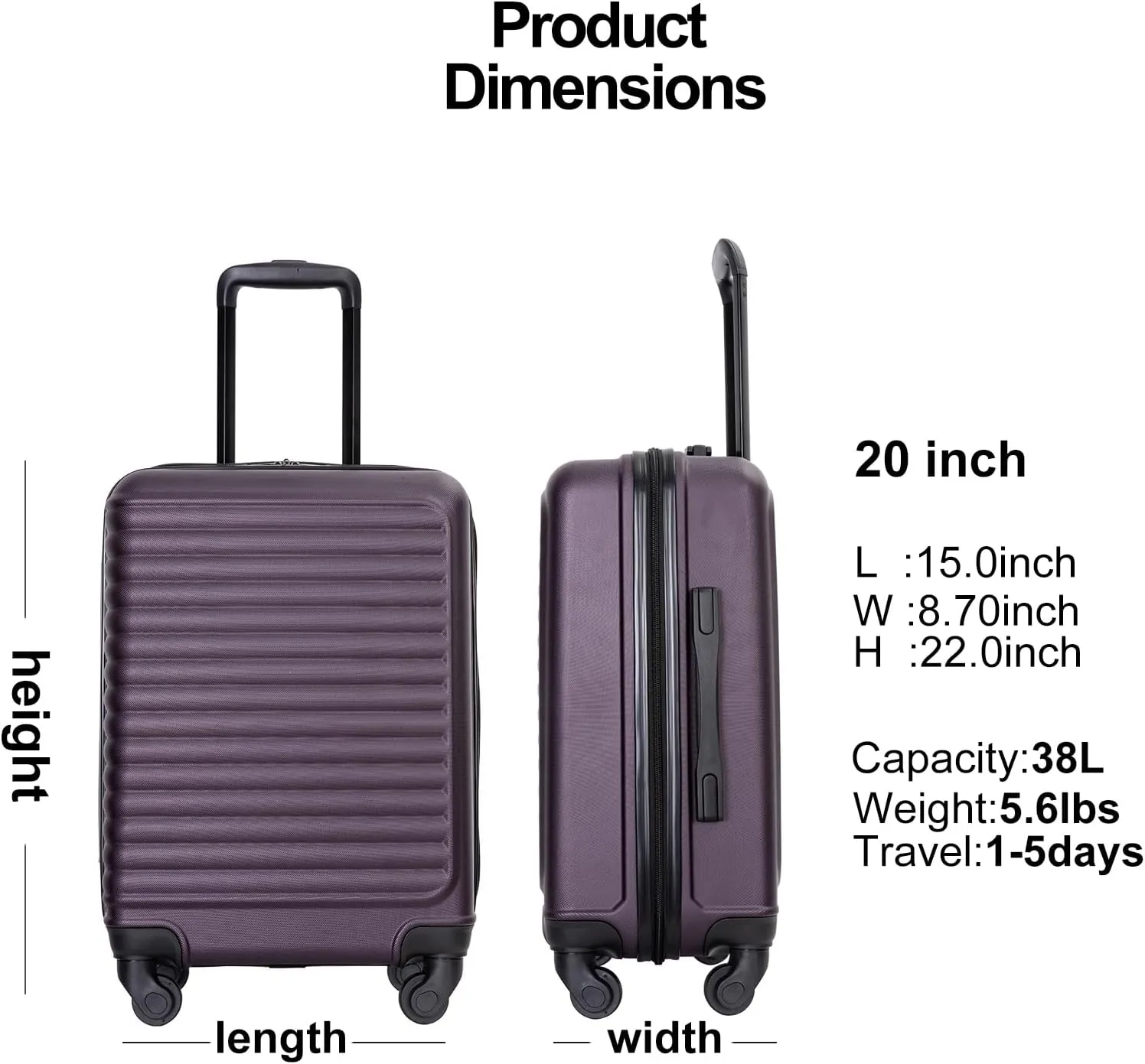 Carry On Luggage,Suitcases with Wheels Hardshell,ABS Lightweight Carry On Suitcase, 20-Inch (Purple)